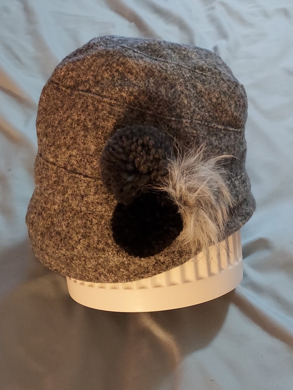 Grey Pom-Pom Wool Blend Hat with Feather Accent. Never Worn
